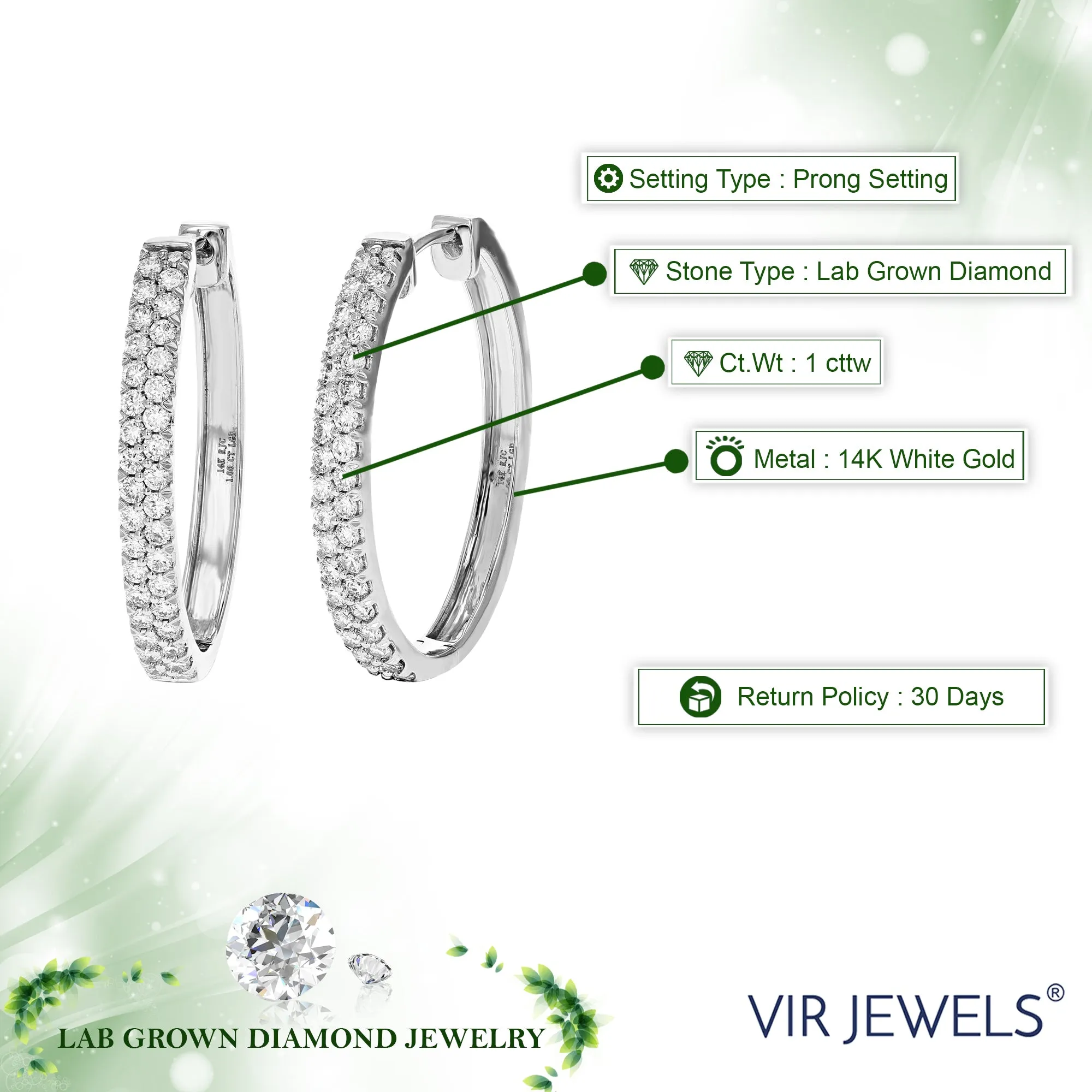 1 cttw Double Row Lab Grown Diamond Hoop Earrings 14K White Gold