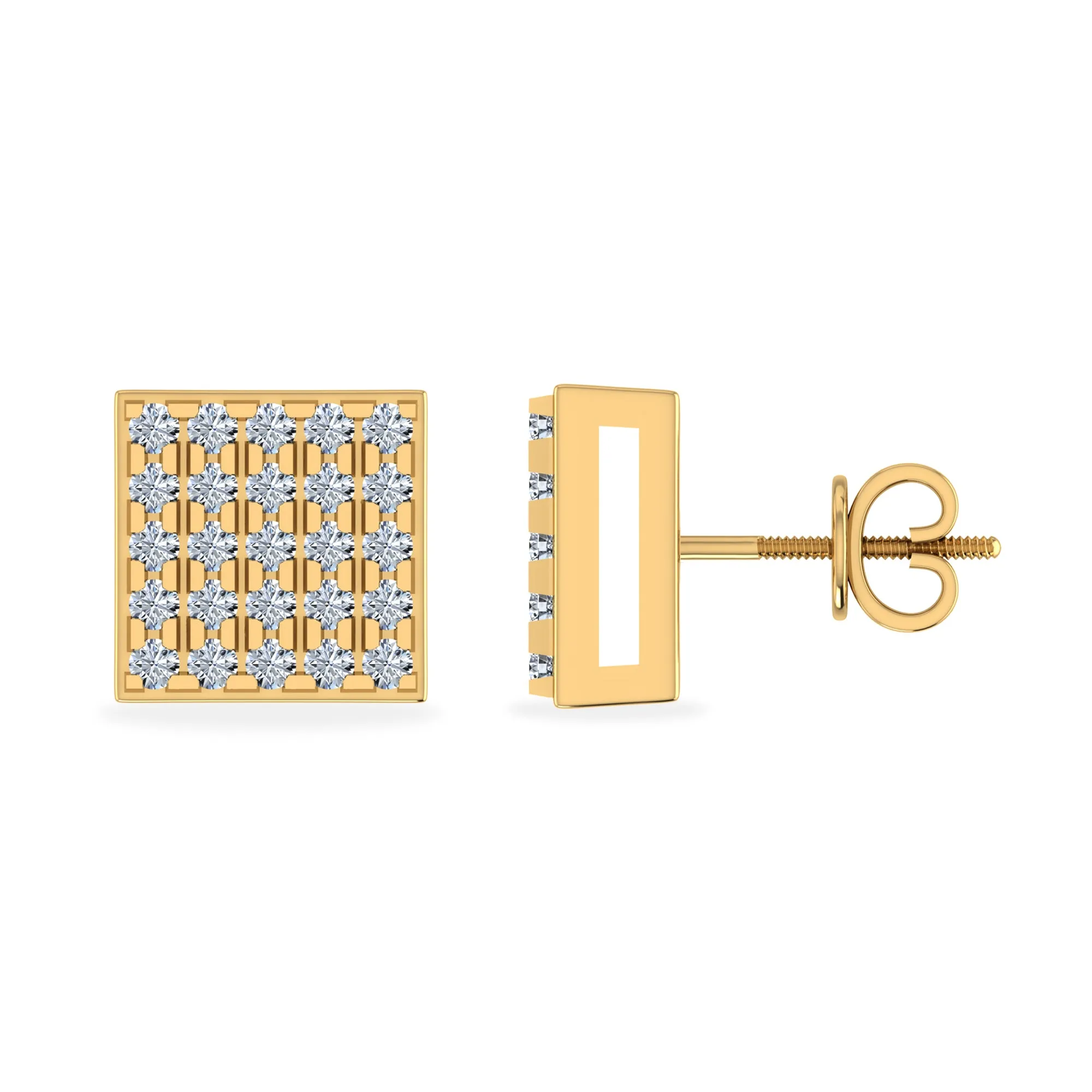 10K Yellow Gold Round Diamond Square Shape Designer Stud Earrings 1/8 Cttw