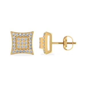 10K Yellow Gold Round Diamond Square Shape Designer Stud Earrings 1/8 Cttw