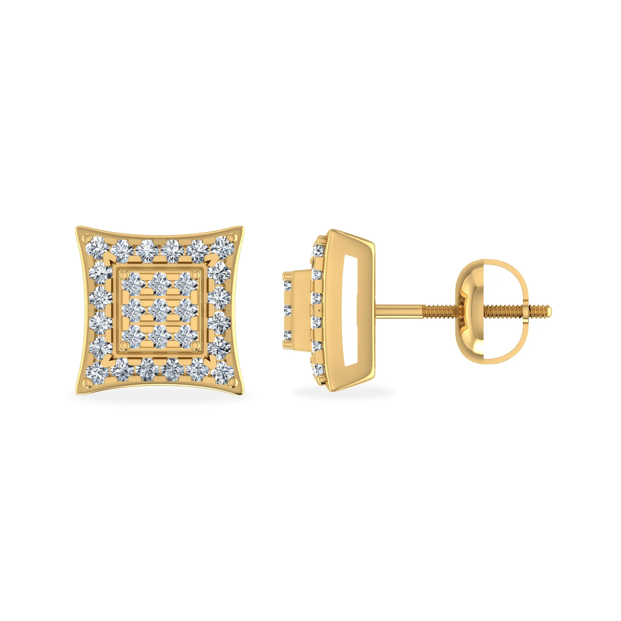10K Yellow Gold Round Diamond Square Shape Designer Stud Earrings 1/8 Cttw