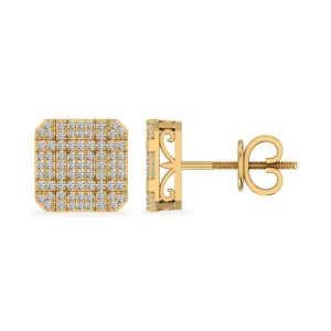 10K Yellow Gold Round Diamond Square Shape Designer Stud Earrings 3/8 Cttw