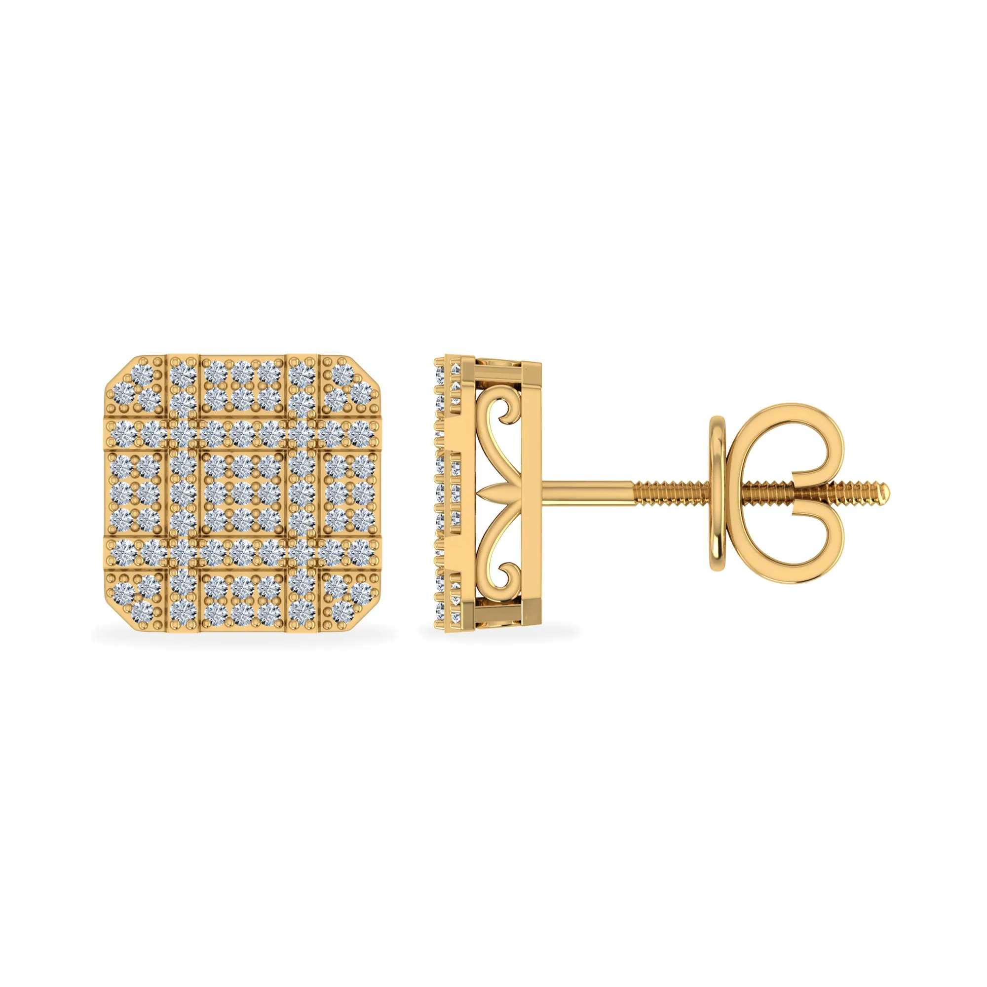 10K Yellow Gold Round Diamond Square Shape Designer Stud Earrings 3/8 Cttw