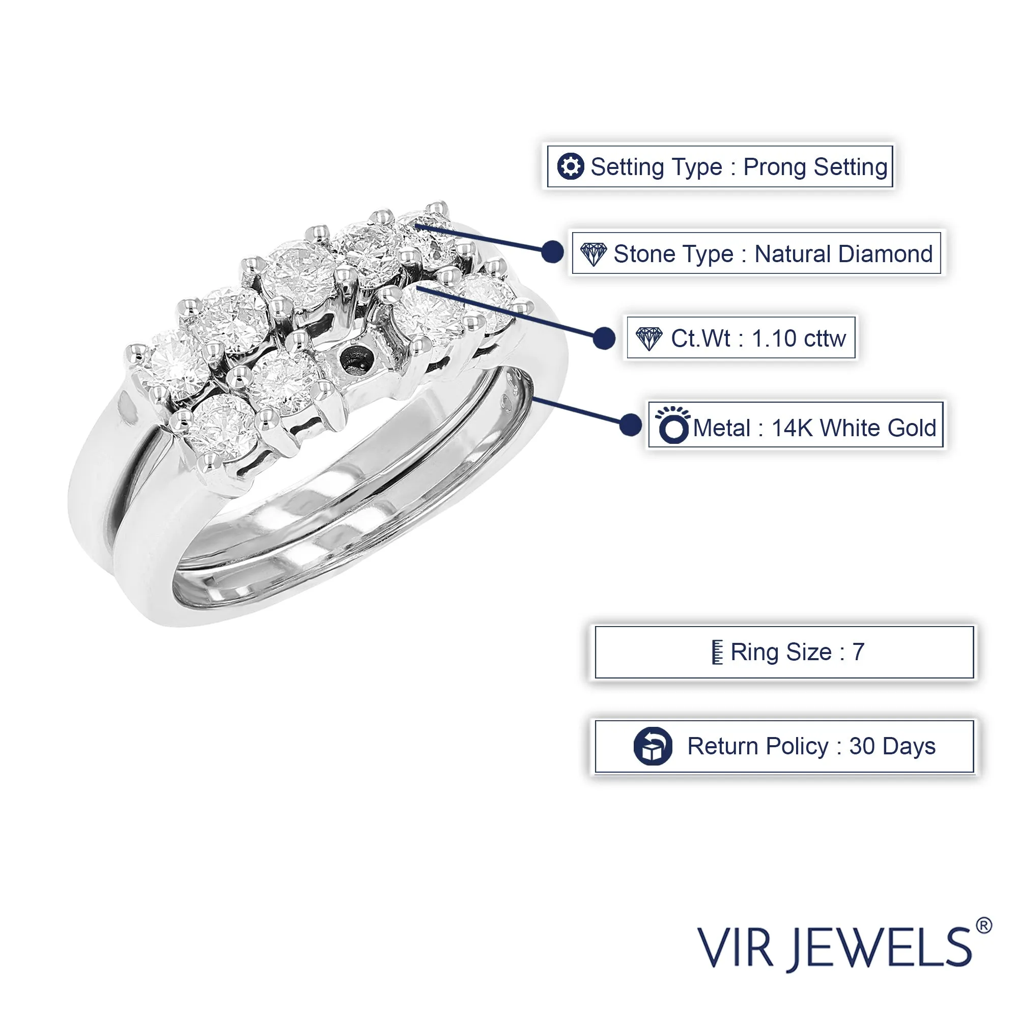1.10 cttw Diamond 5 Stone Bridal Ring Set in 14K White Gold