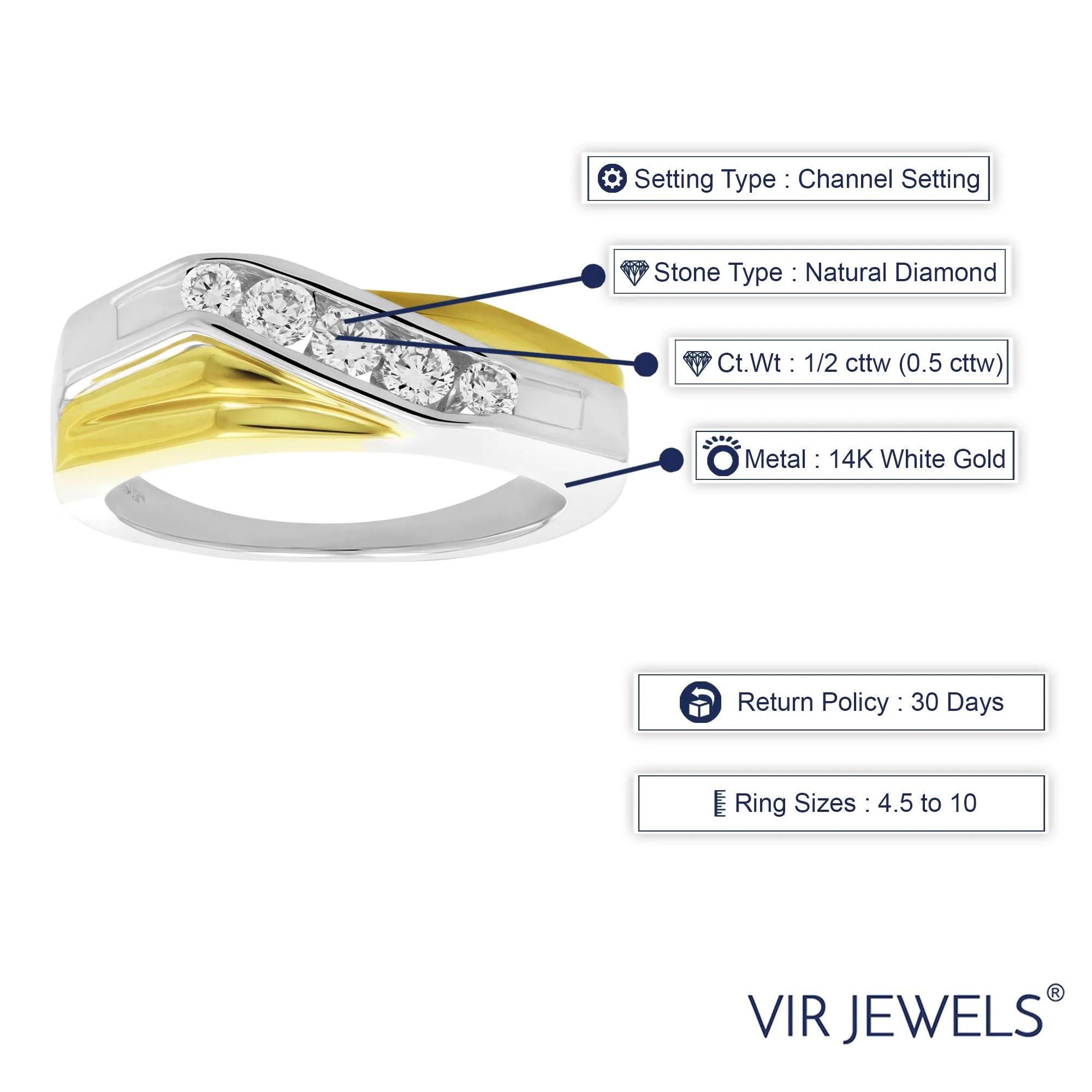 1/2 cttw Diamond Men's Five Stone Wedding Band in 14K White Gold