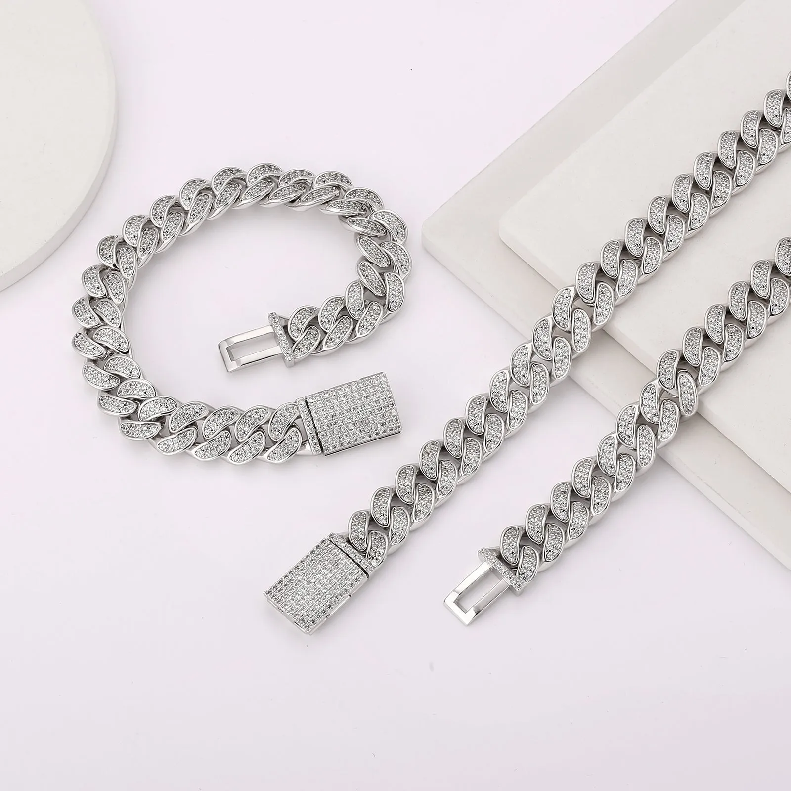 12mm CZ Diamond Iced Out Bracelet with Box Clasp in White Gold
