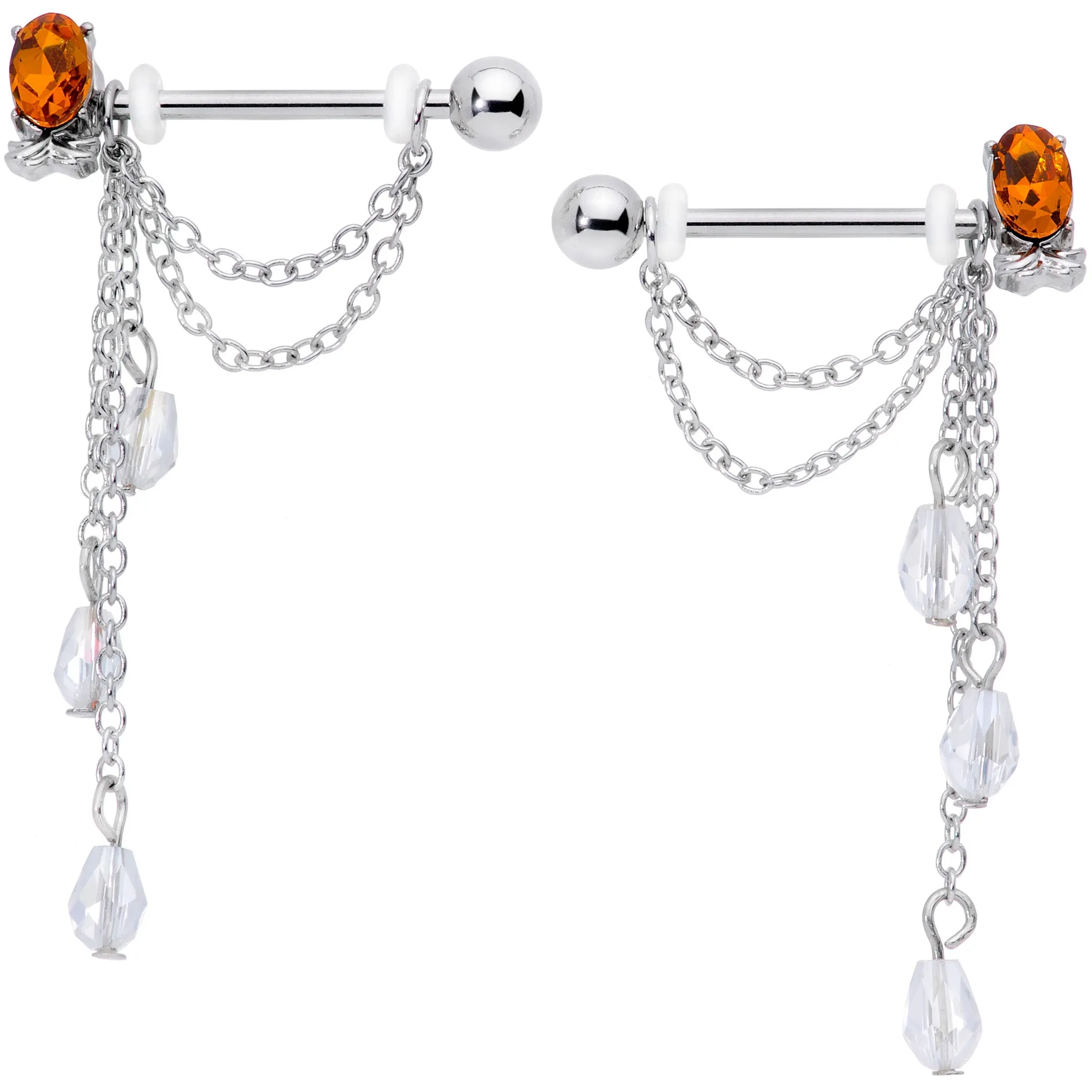 14 Gauge 9/16 Clear Orange Gem Pineapple Dangle Nipple Ring Set
