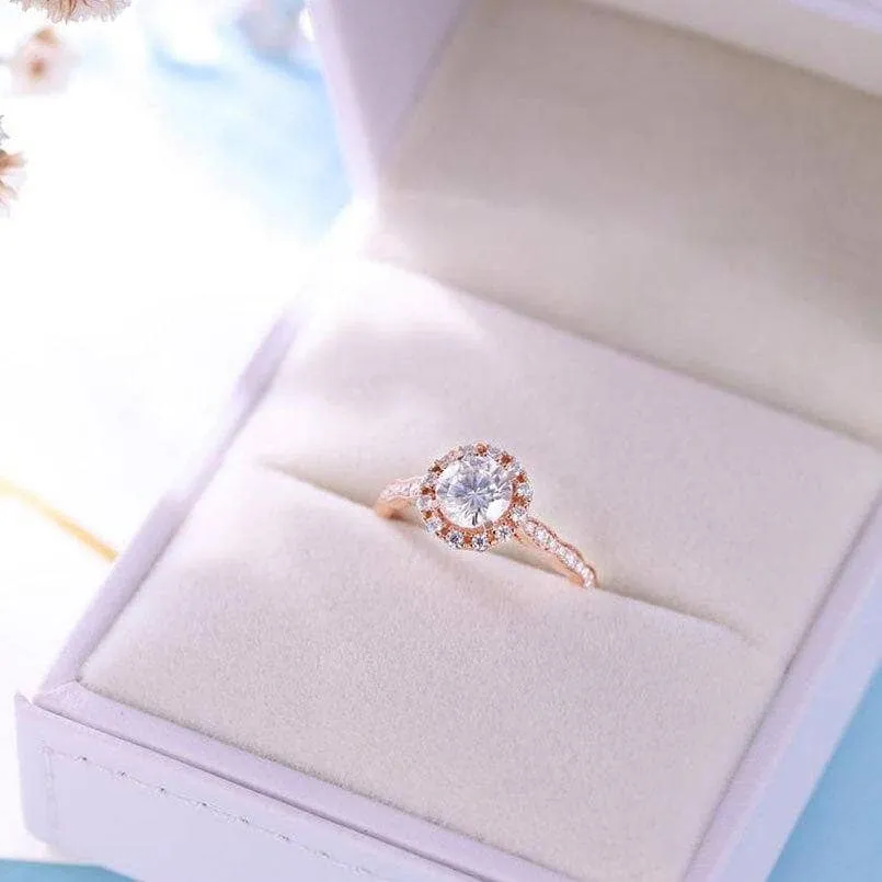 14k Rose Gold 1ct 6.5mm Diamond Halo Engagement Ring