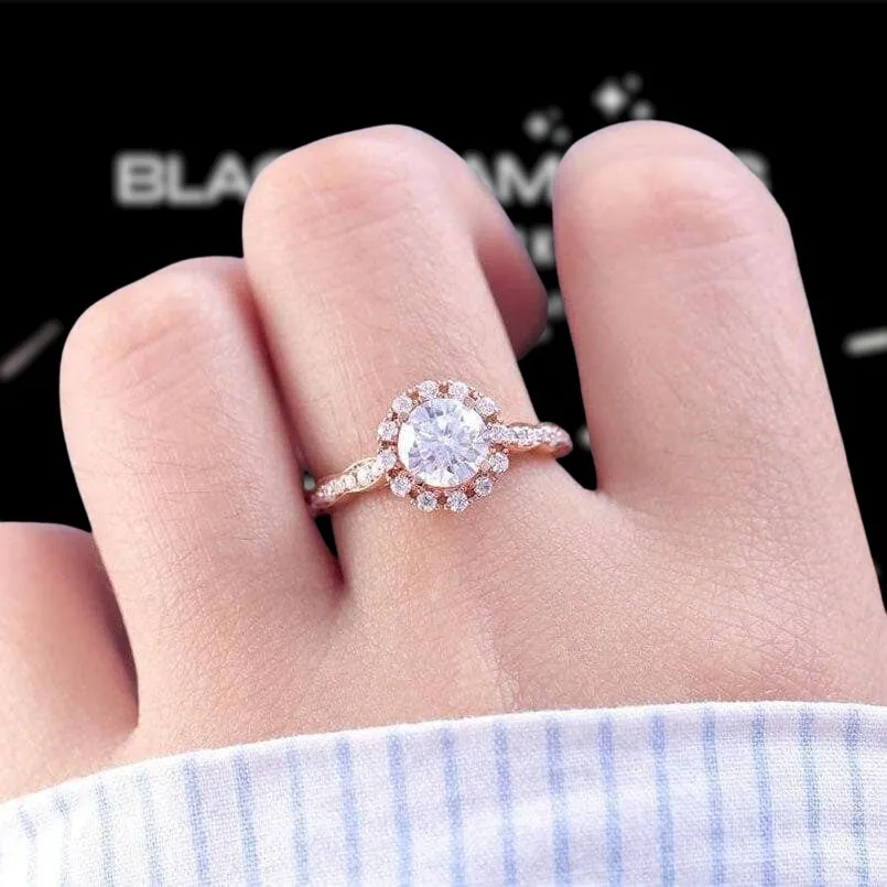14k Rose Gold 1ct 6.5mm Diamond Halo Engagement Ring