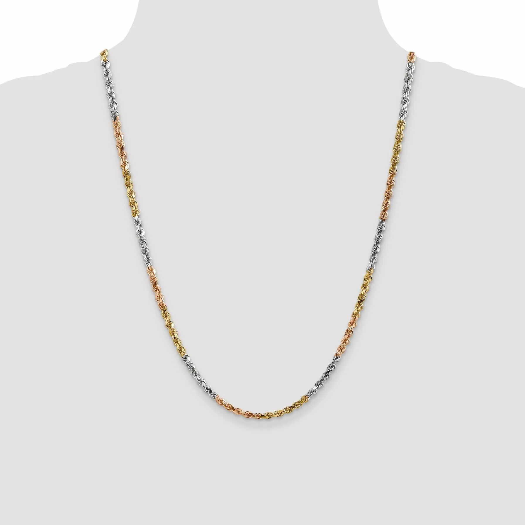 14k Tri Color Gold 4.00m Diamond Cut Rope Chain