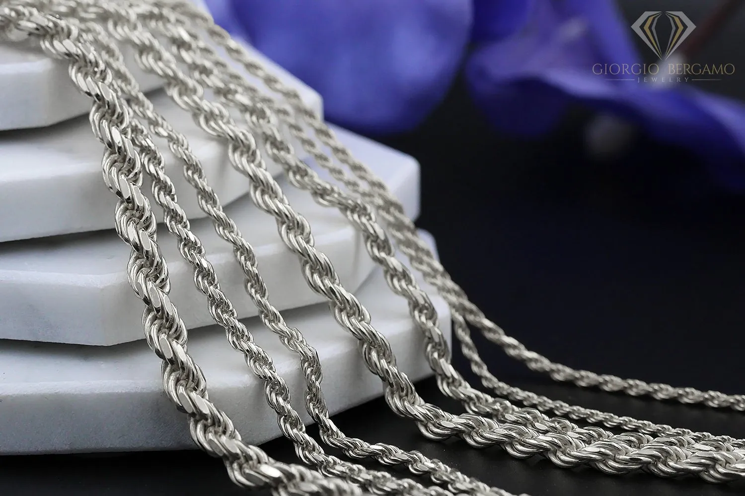 14K White Gold 1mm Solid Rope Diamond Cut Chain