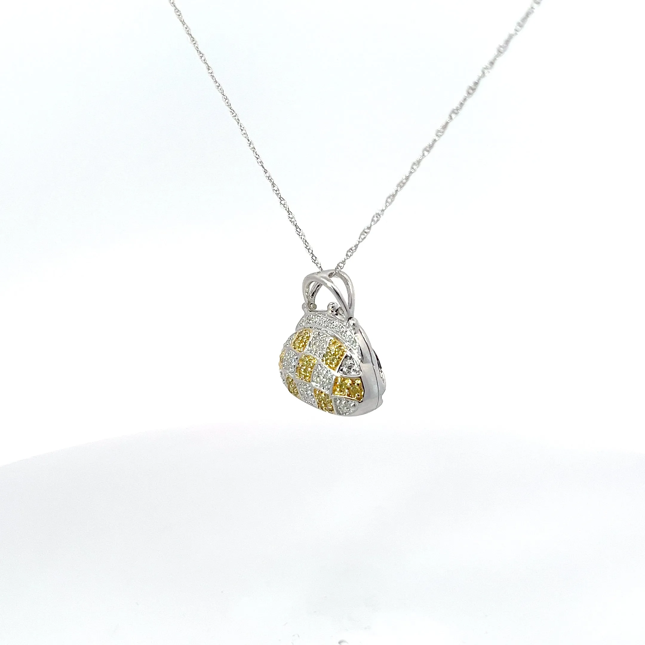 14k White Gold .29ct G SI1 Round Diamond and .20ct Yellow Diamond Purse Necklace