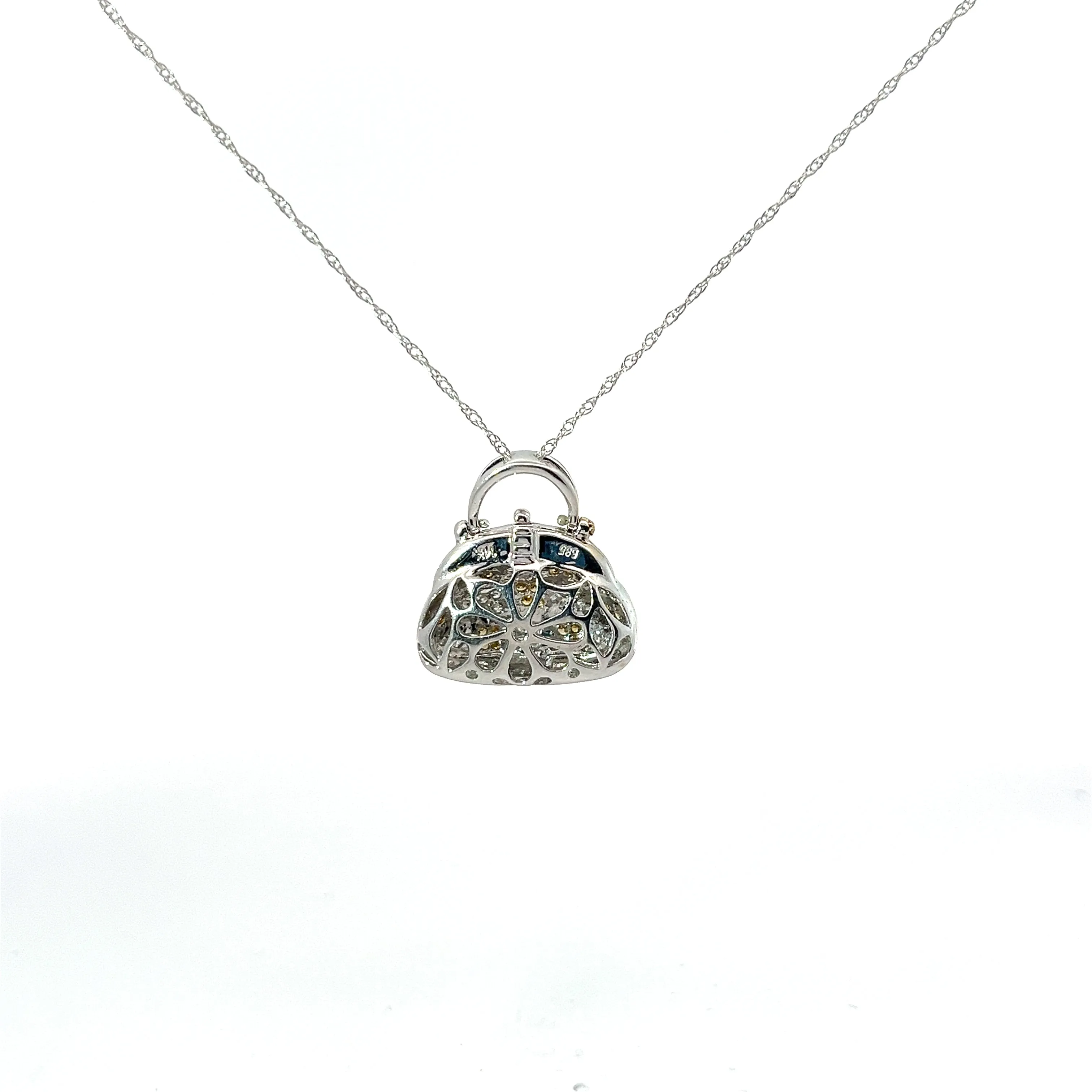14k White Gold .29ct G SI1 Round Diamond and .20ct Yellow Diamond Purse Necklace