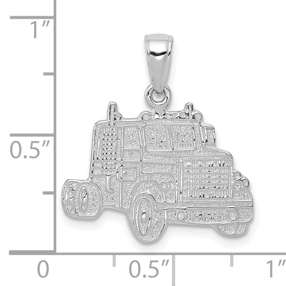 14K White Gold Polished Textured Finish Solid Semi Mack Truck Cab Charm Pendant