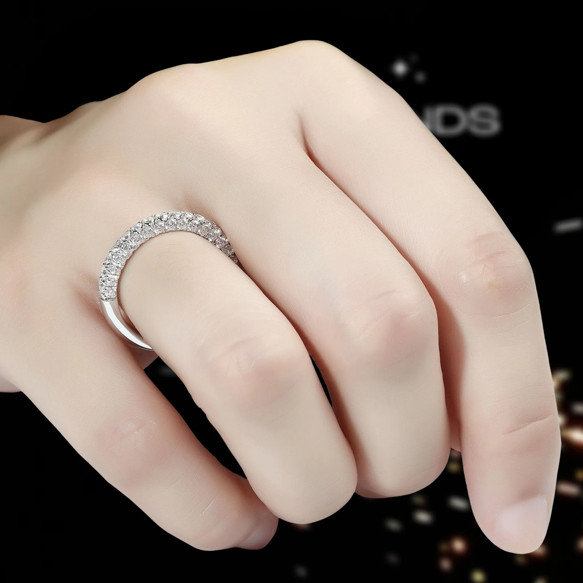 14k White Gold Three Side Half Eternity Wedding Band