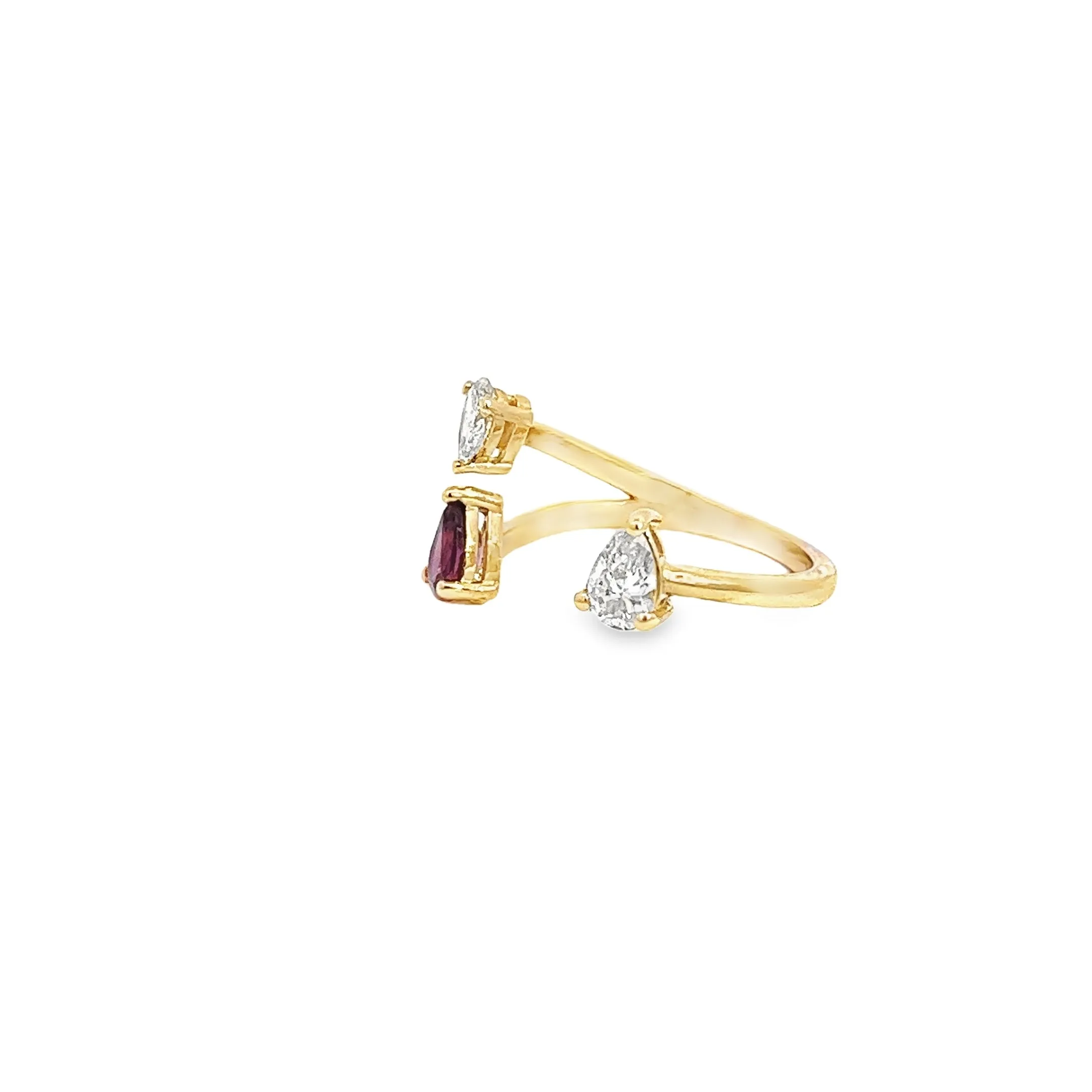 14K YELLOW GOLD .56CT ROUND DIAMOND FVS2 AND .58CT AA RUBY MARQUISE OPEN RING