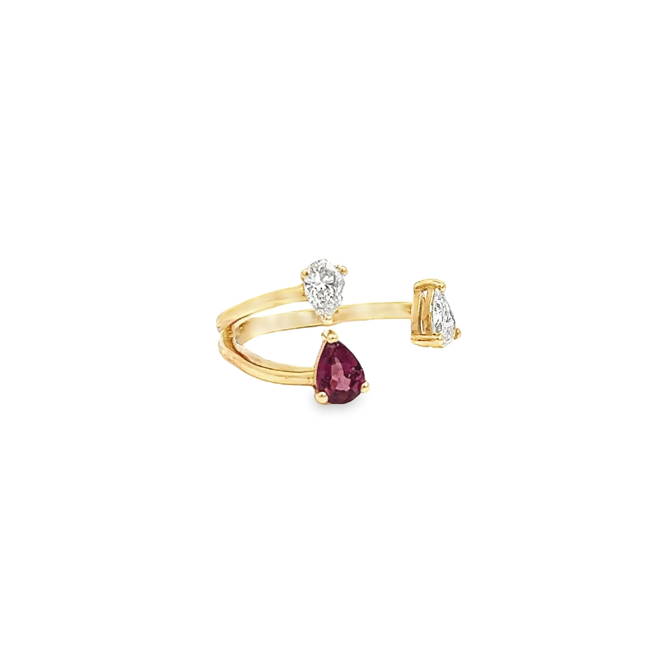 14K YELLOW GOLD .56CT ROUND DIAMOND FVS2 AND .58CT AA RUBY MARQUISE OPEN RING