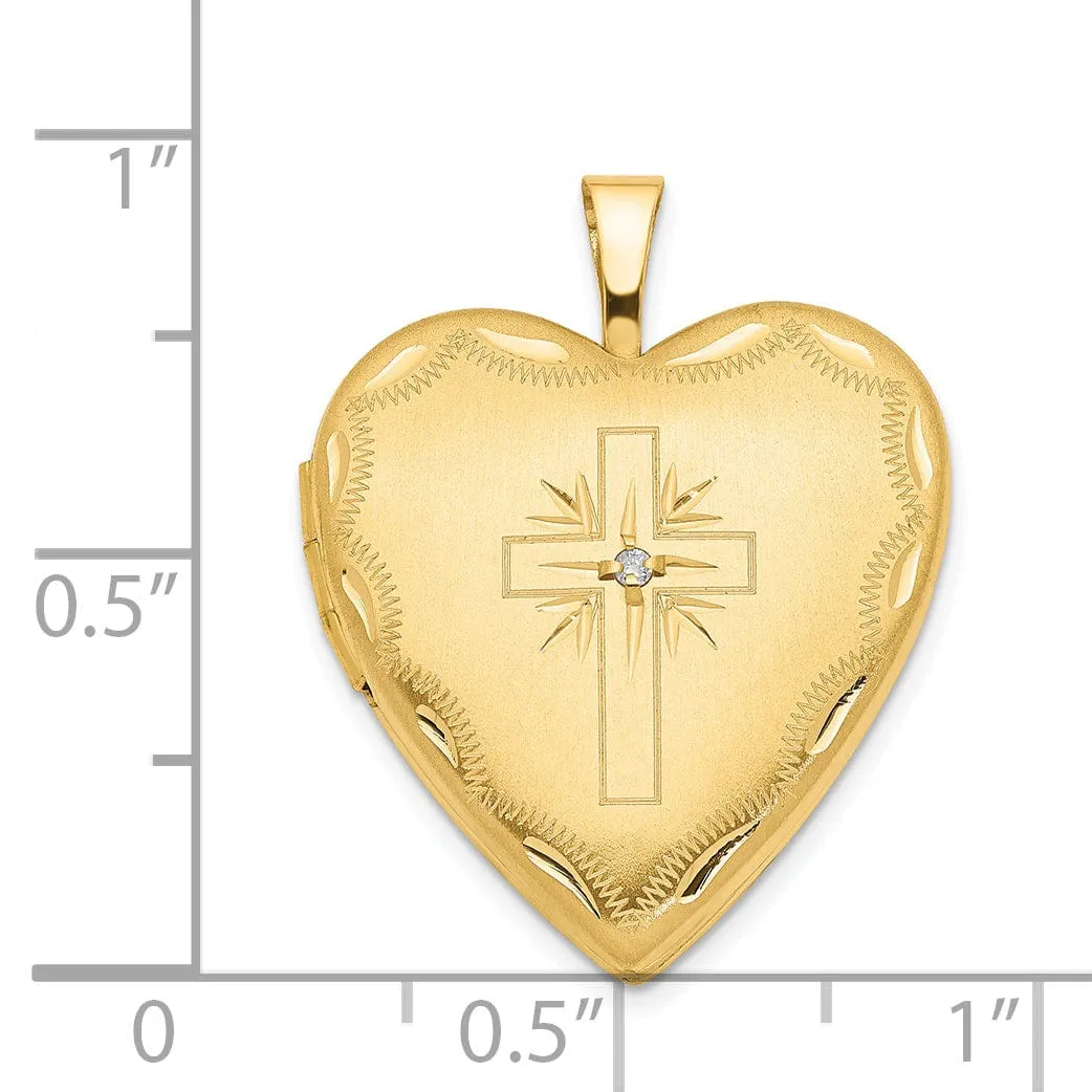 14k Yellow Gold Diamond Cross Heart Locket Pendant