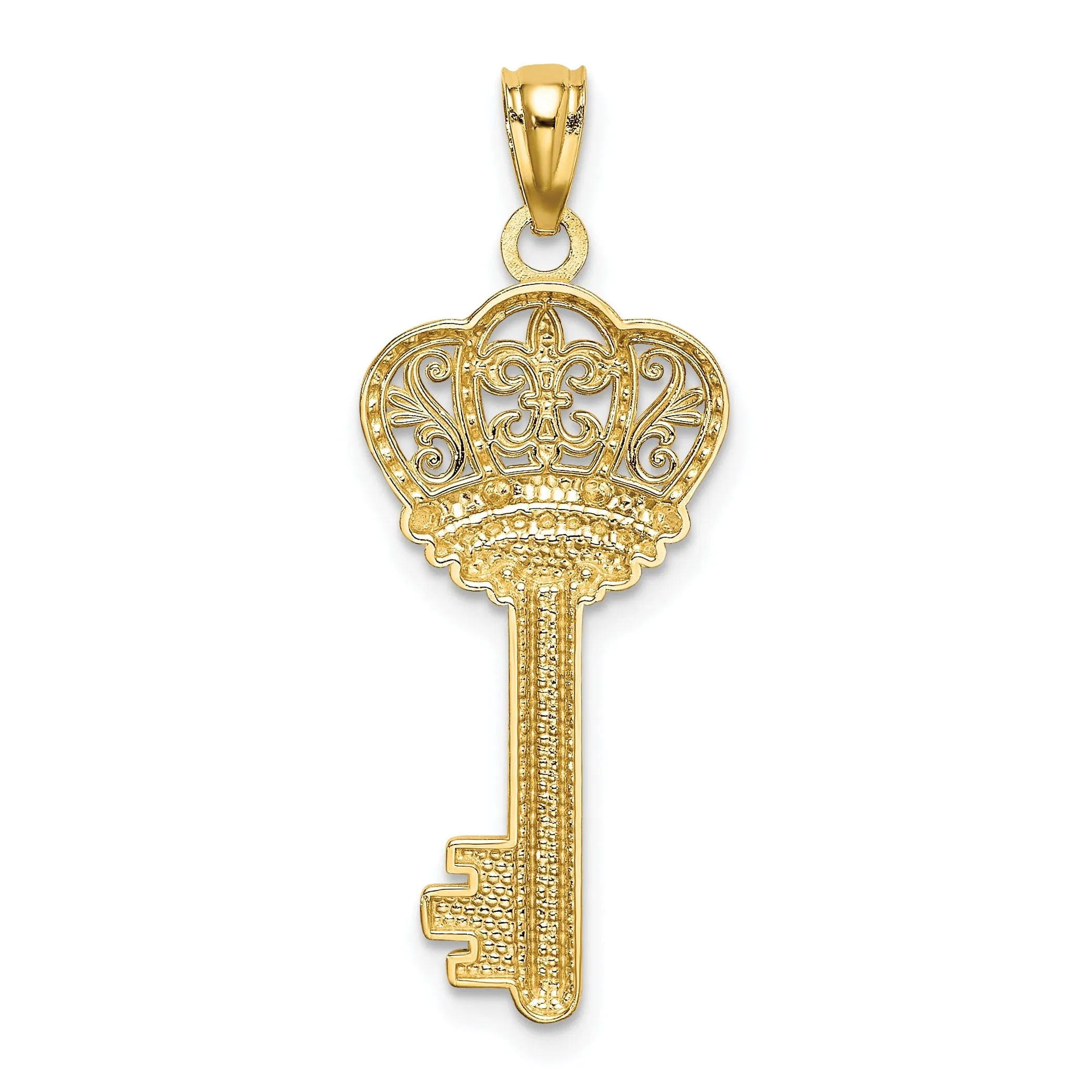 14K Yellow Gold Fleur De Lis Crown Design Key Charm Pendant