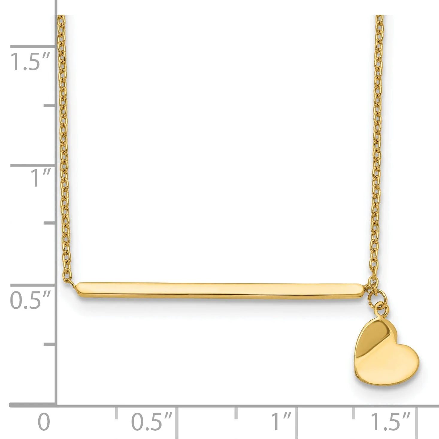 14k Yellow Gold Polished Finish Bar and Heart Design 13-inch Cable Chain with 2-inch ext Necklace