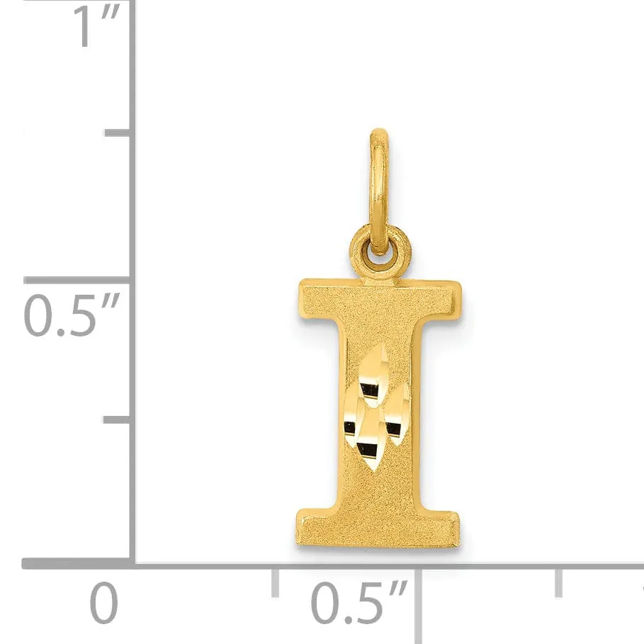 14k Yellow Gold Satin Diamond Cut Finish Letter I Initial Charm Pendant