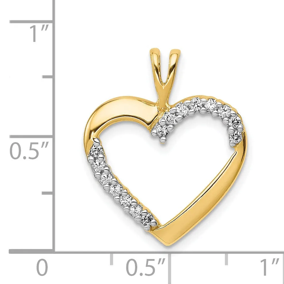 14k Yellow Gold, White Rhodium Polished Finish 1/6-CT Diamond Open Back Style Heart Design Charm Pendant