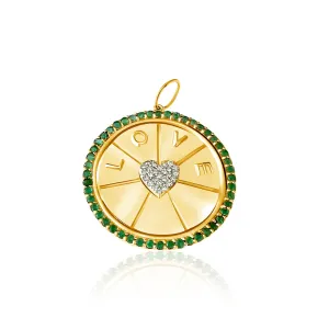 14KT Gold Diamond Emerald Love Disk Pendant Charm