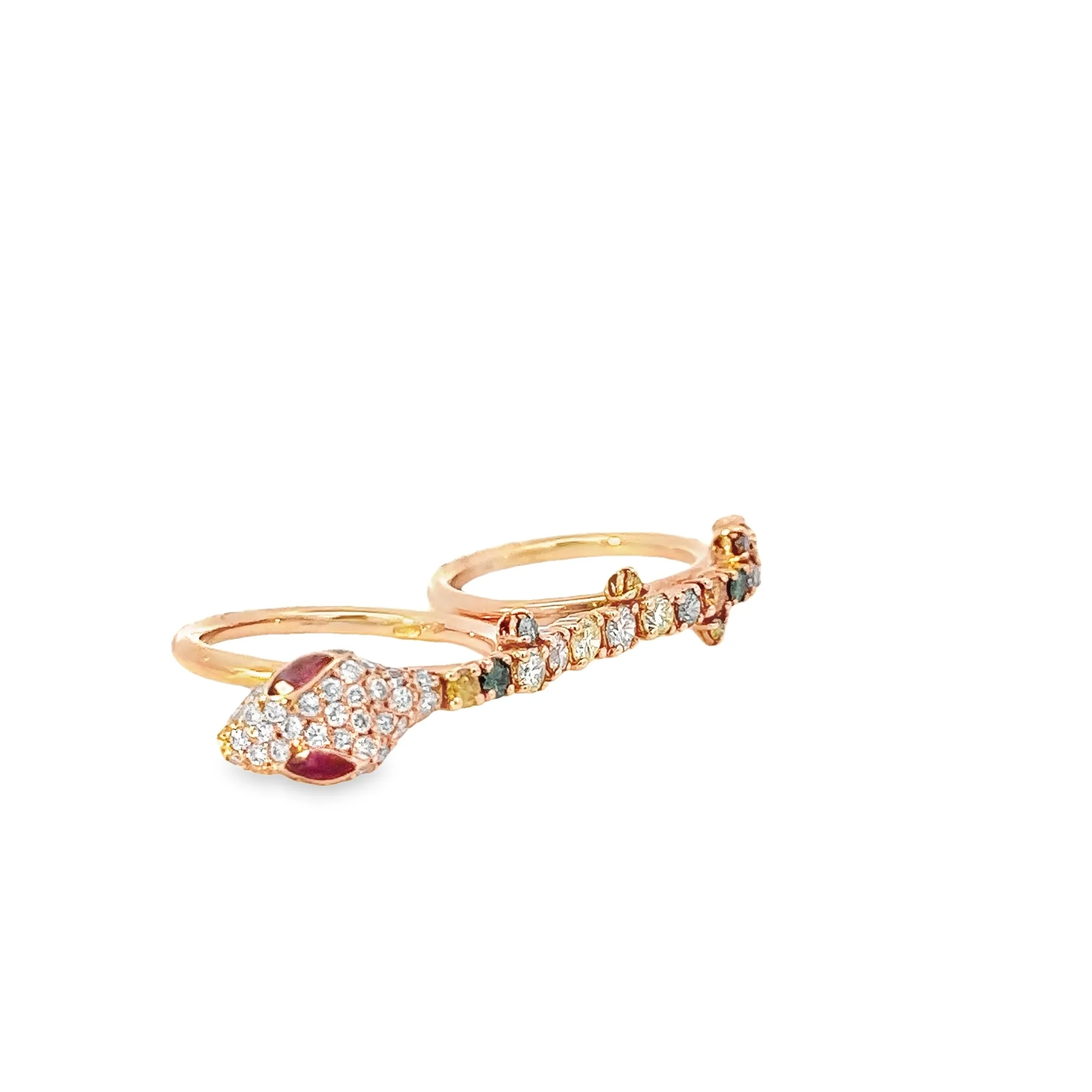 18k Rose Gold 2.50ct Multi Color Diamond ,Sapphire and  Ruby total weight  Snake Ring