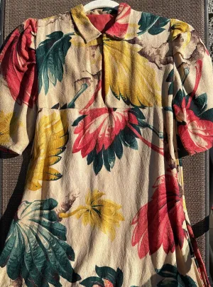 1930s Tropical Bark Cloth Puff Sleeve Midi Dress