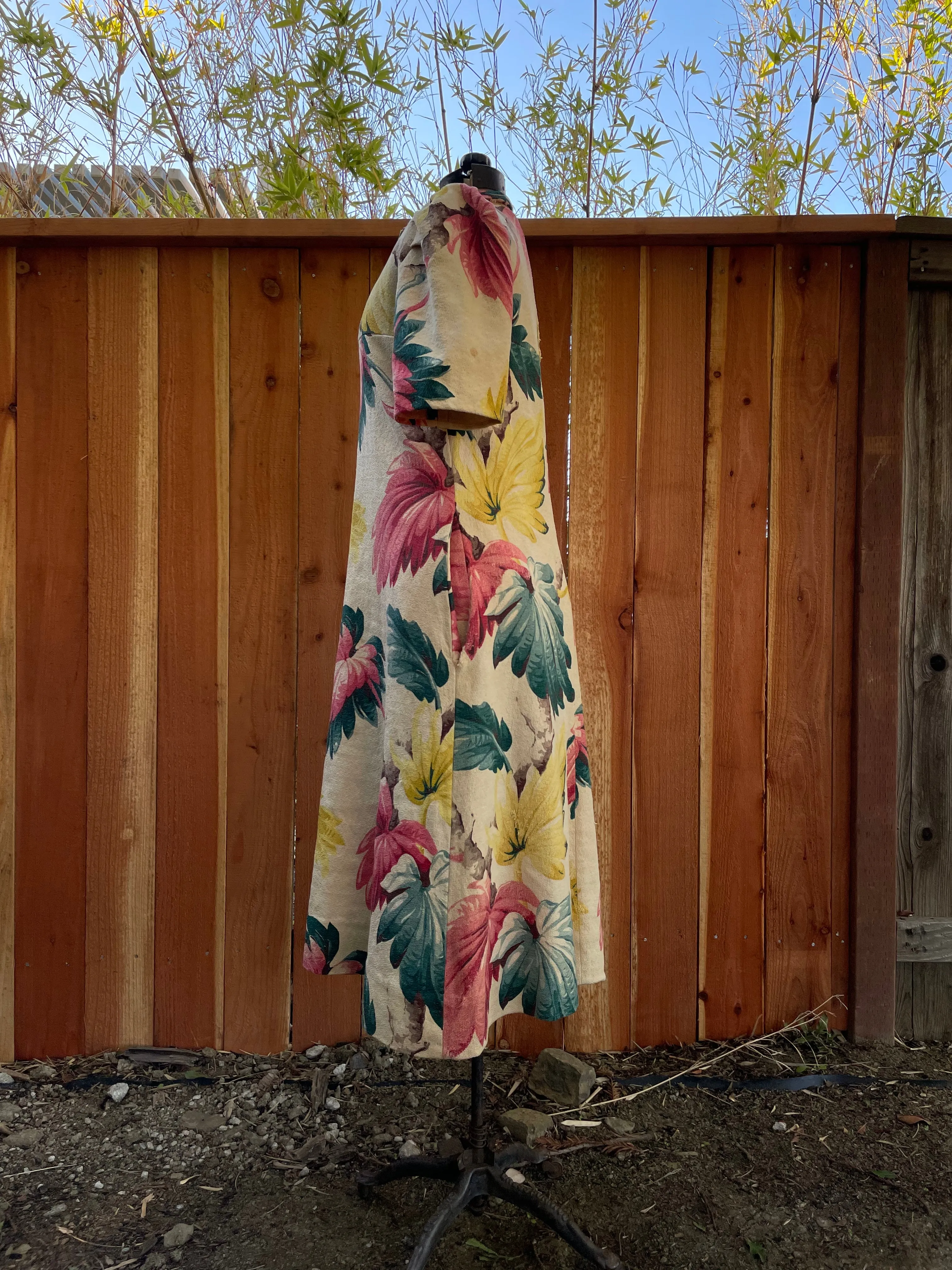 1930s Tropical Bark Cloth Puff Sleeve Midi Dress