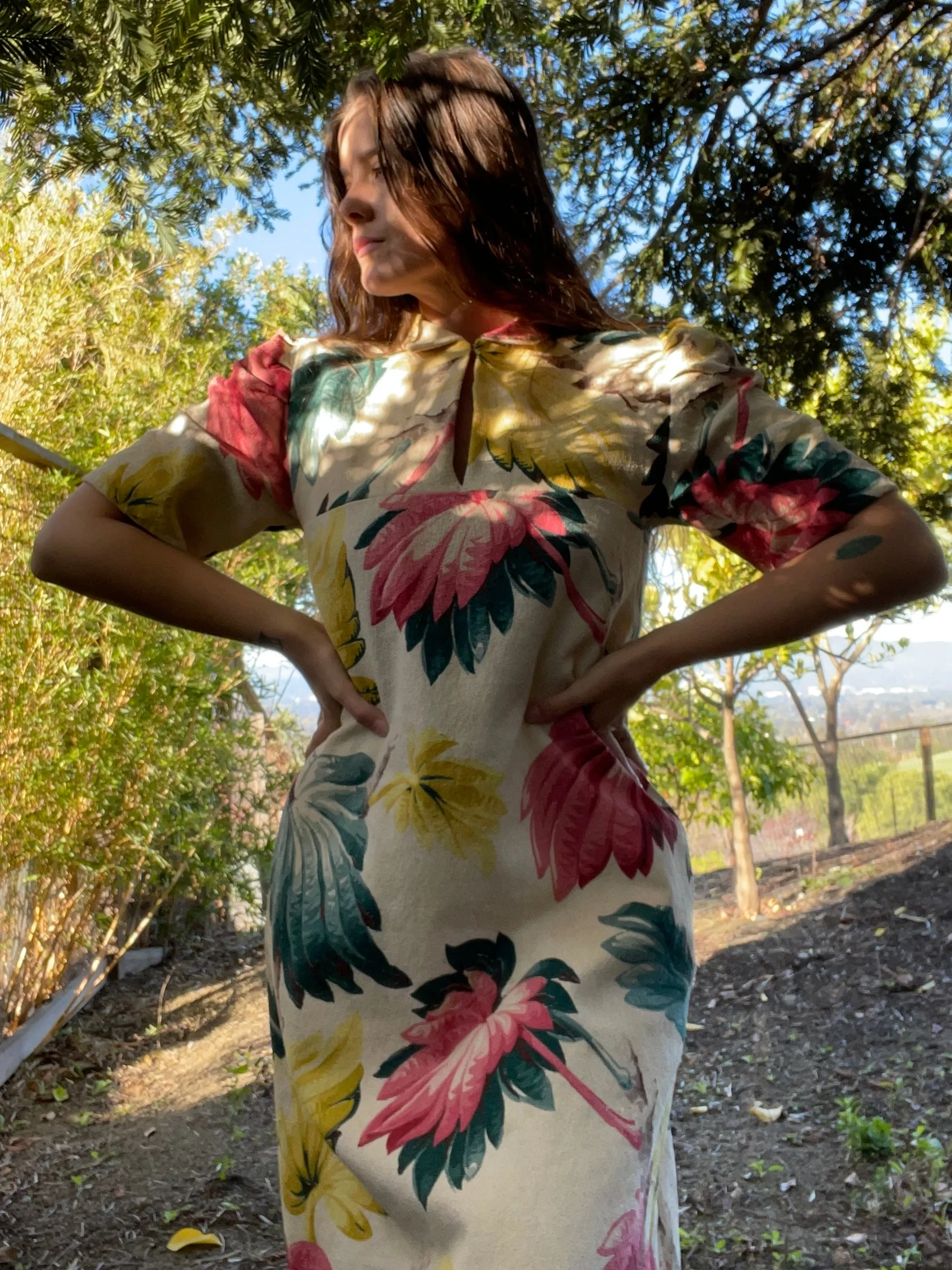 1930s Tropical Bark Cloth Puff Sleeve Midi Dress