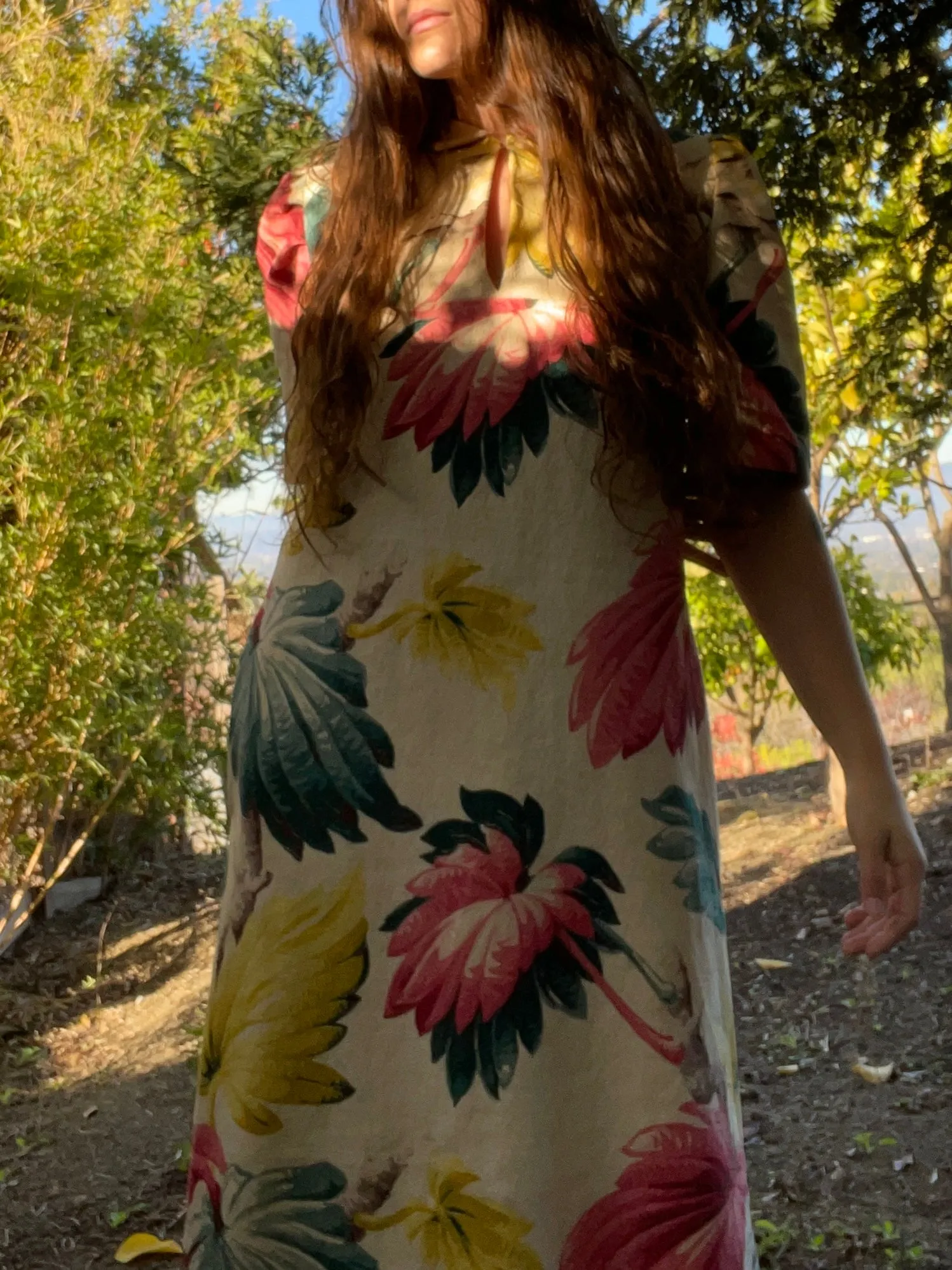 1930s Tropical Bark Cloth Puff Sleeve Midi Dress