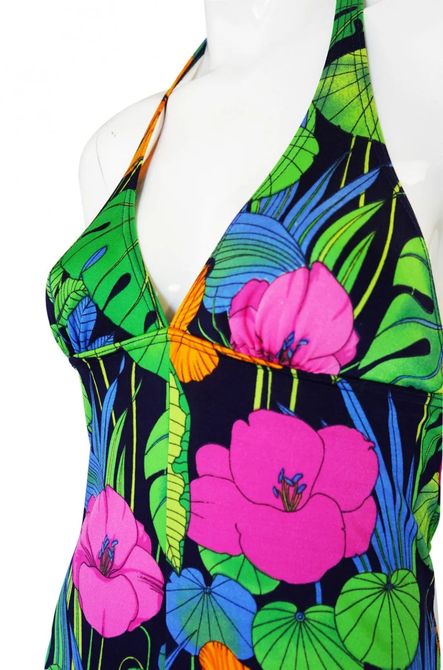 1960s Floral Halter Beach Maxi Dress
