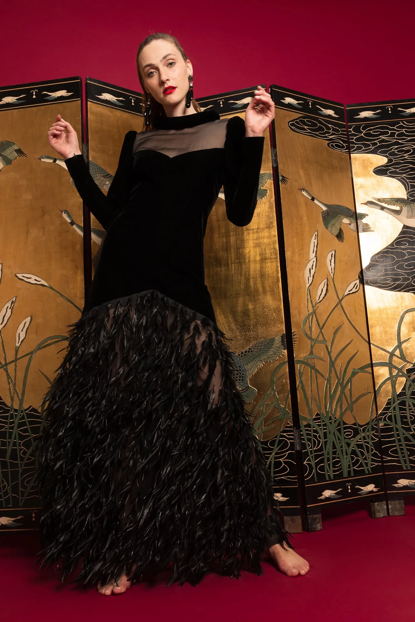 1960s/1970s Haute Couture Velvet Feather Gown