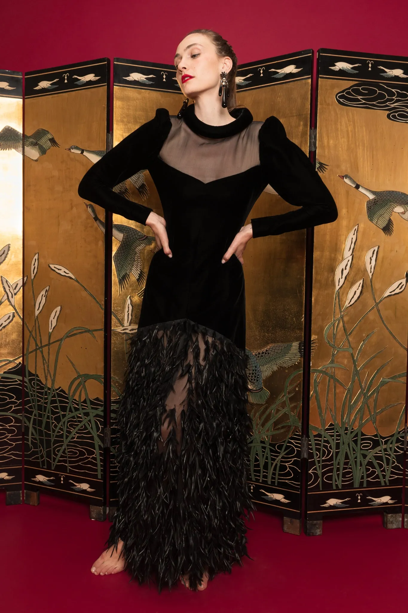 1960s/1970s Haute Couture Velvet Feather Gown
