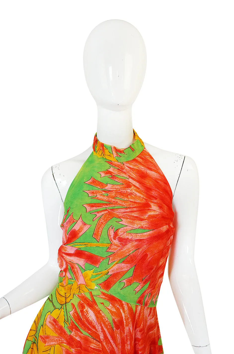 1970s Backless Nylon Jersey Tropical Halter Dress