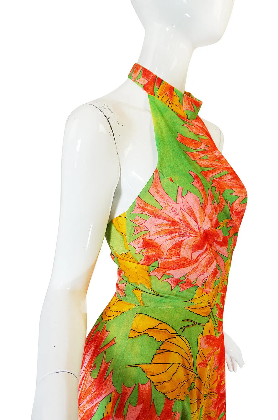 1970s Backless Nylon Jersey Tropical Halter Dress