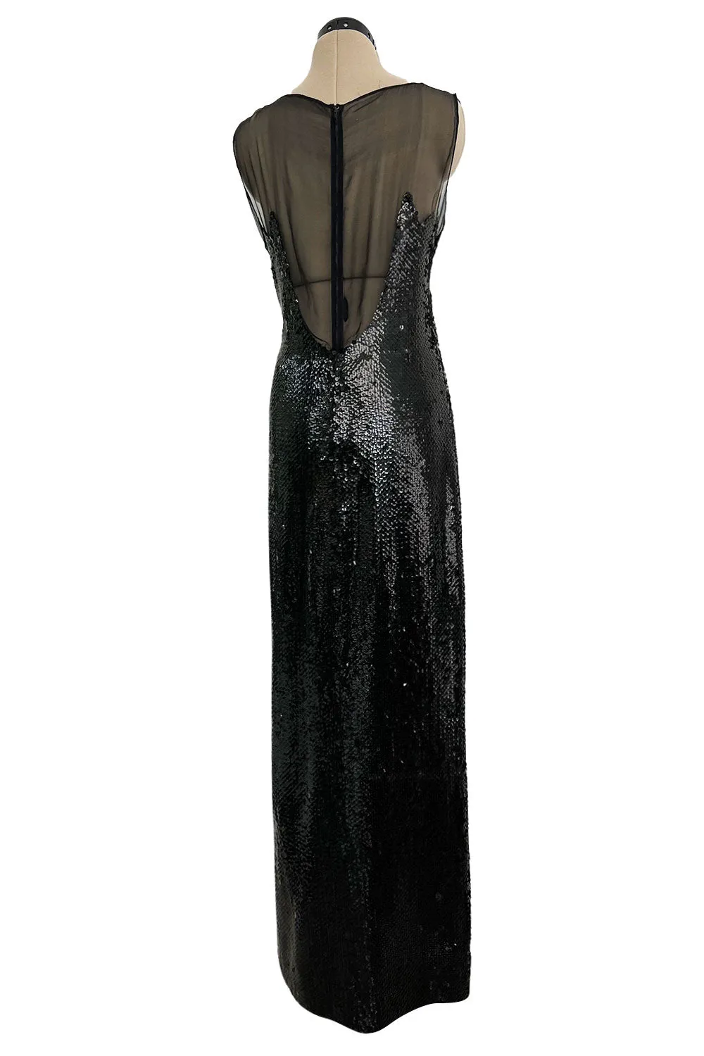 1973 Loris Azzaro Couture Black Flame Sequin Detailing & Feather Light Silk Chiffon Dress