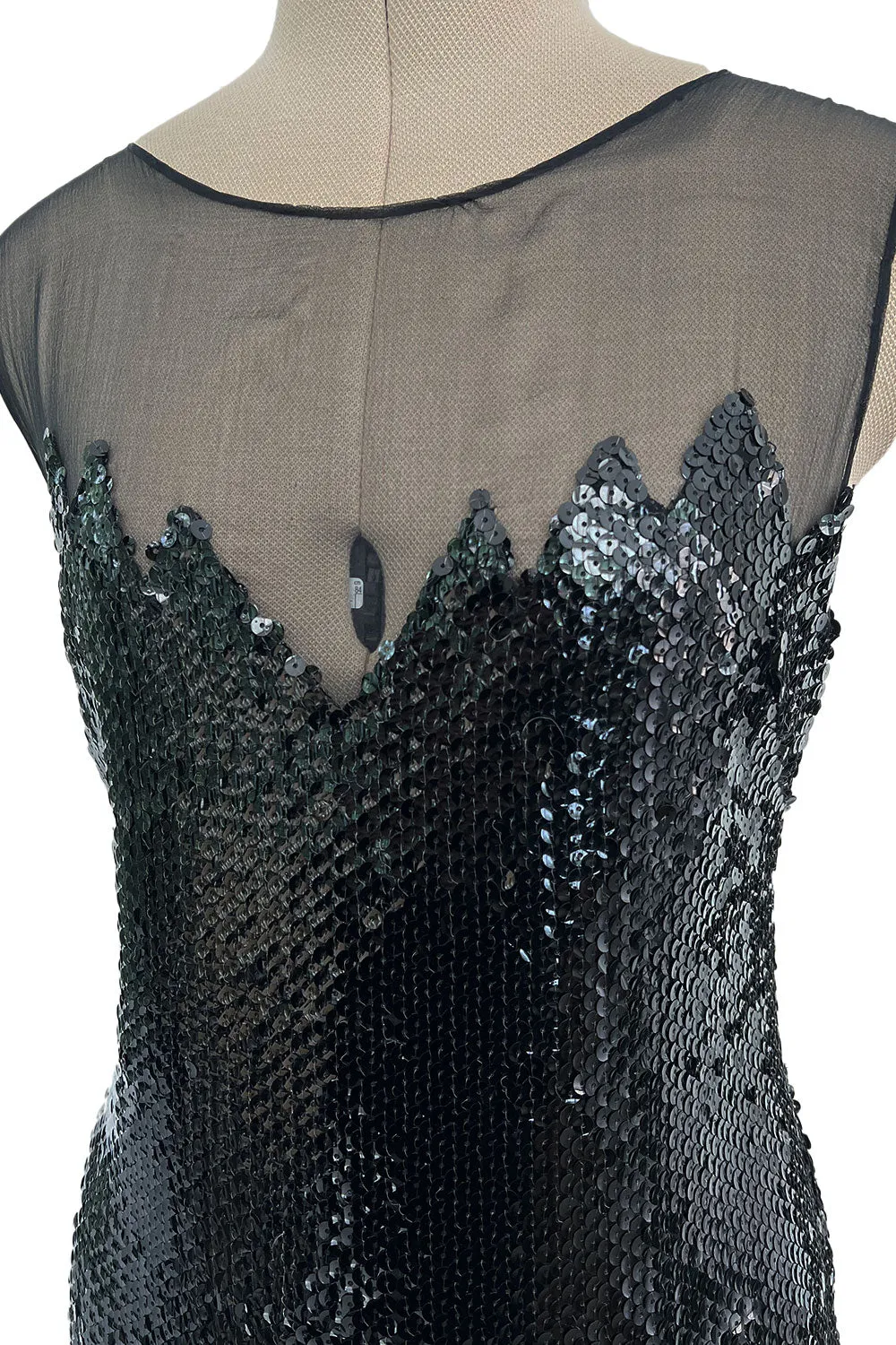 1973 Loris Azzaro Couture Black Flame Sequin Detailing & Feather Light Silk Chiffon Dress