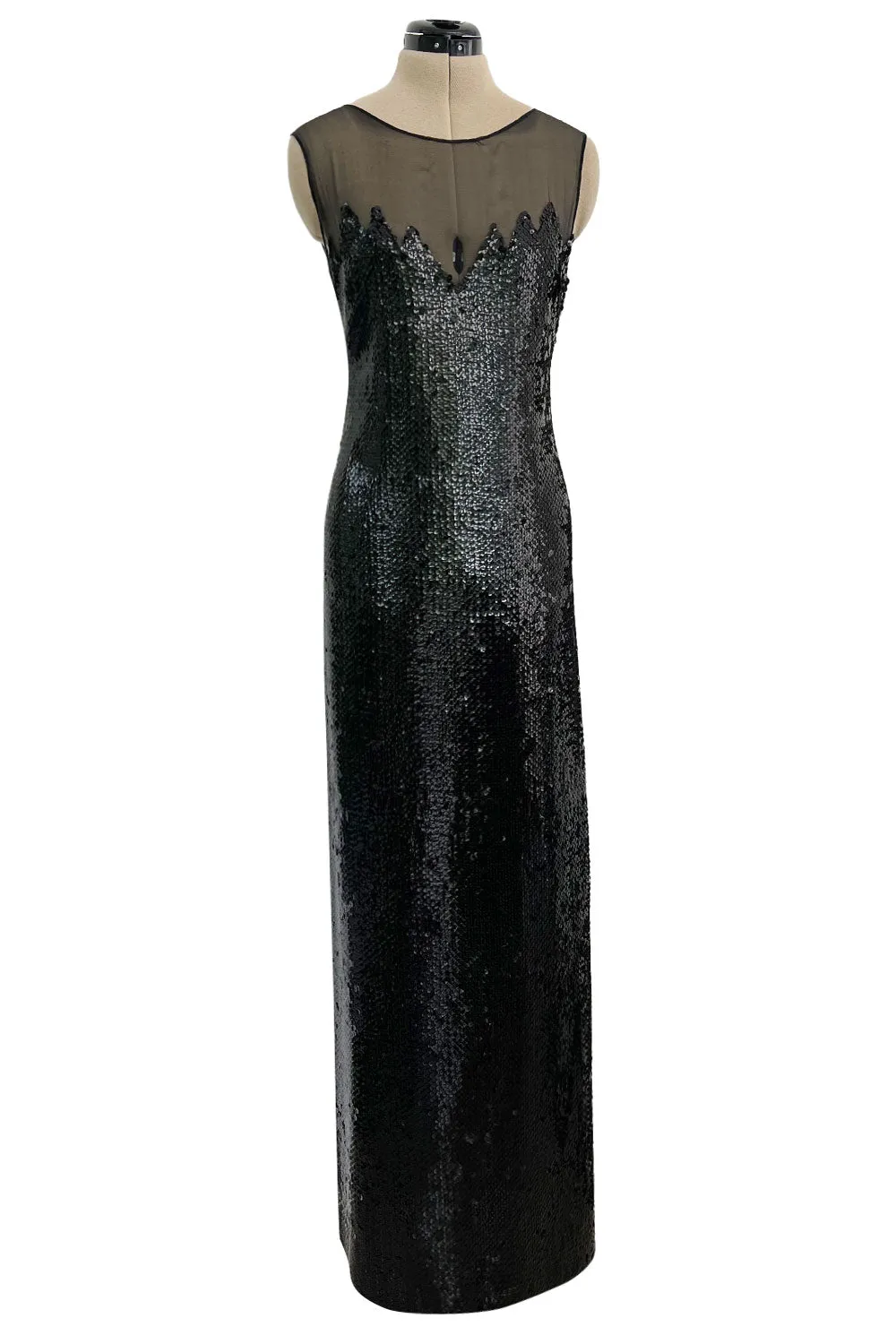 1973 Loris Azzaro Couture Black Flame Sequin Detailing & Feather Light Silk Chiffon Dress