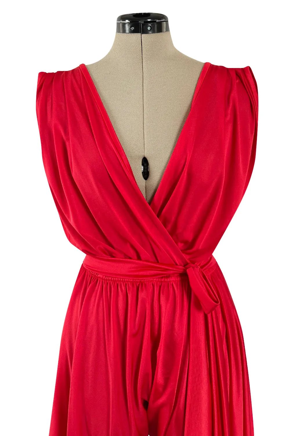 1980s Cattani Plunge Frint and Back Red Jersey Jumpsuit w Draped Legs