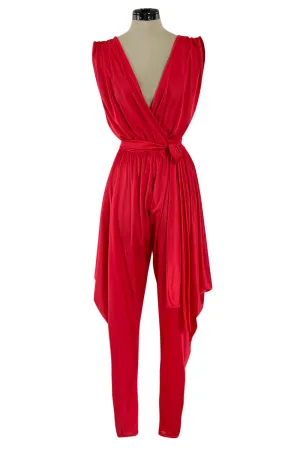 1980s Cattani Plunge Frint and Back Red Jersey Jumpsuit w Draped Legs