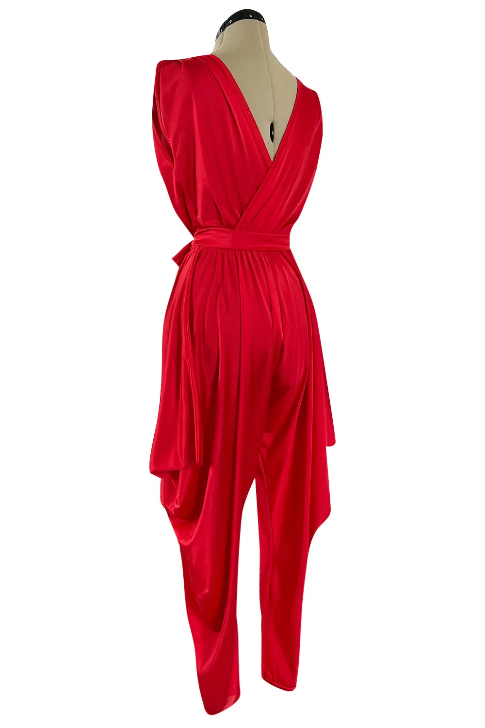 1980s Cattani Plunge Frint and Back Red Jersey Jumpsuit w Draped Legs