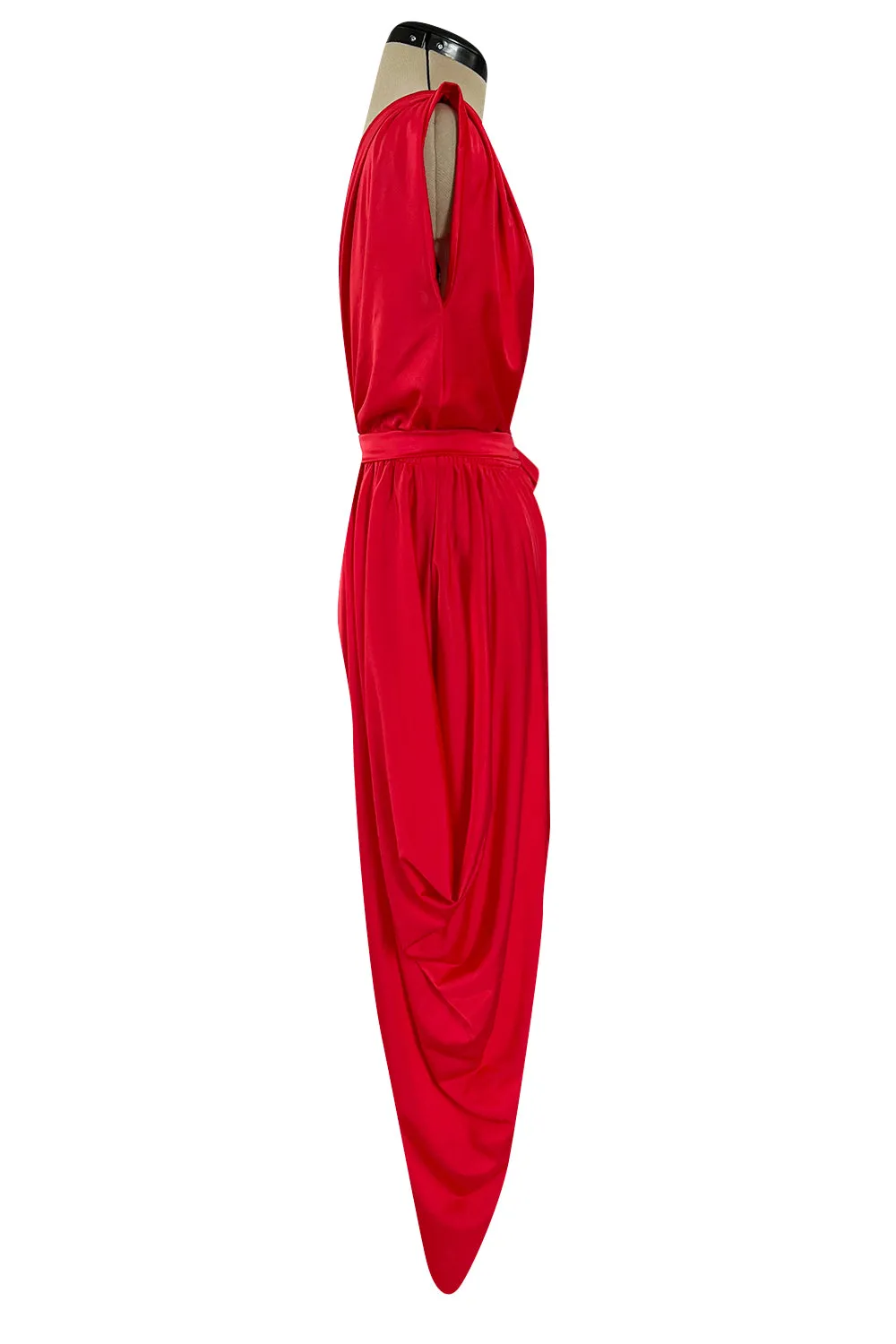 1980s Cattani Plunge Frint and Back Red Jersey Jumpsuit w Draped Legs