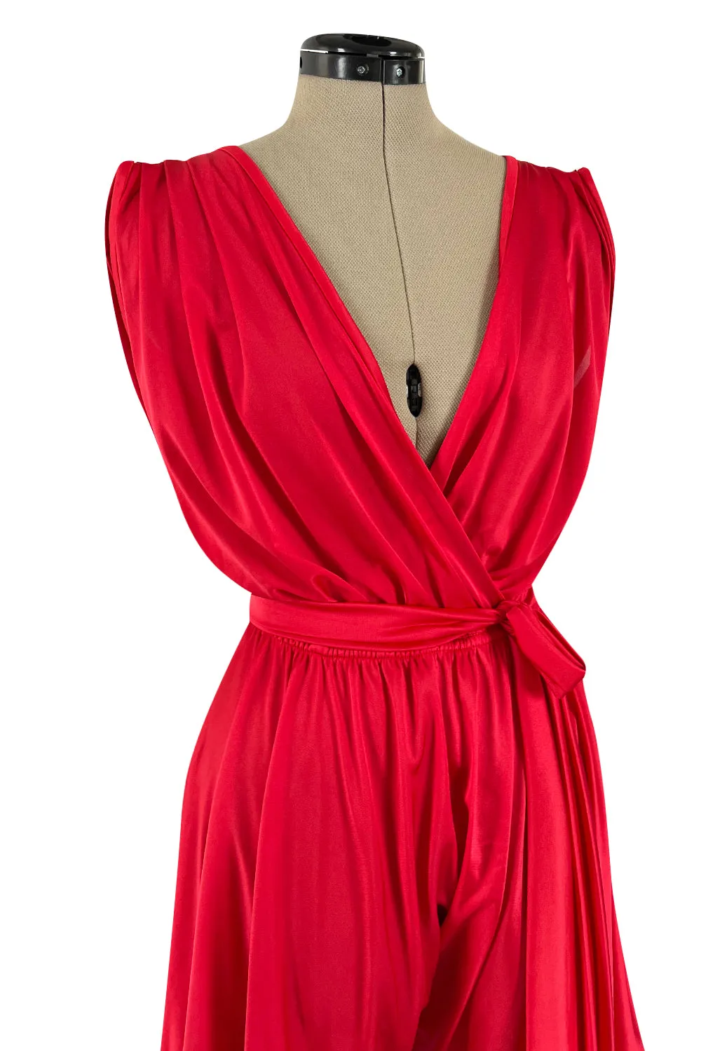 1980s Cattani Plunge Frint and Back Red Jersey Jumpsuit w Draped Legs