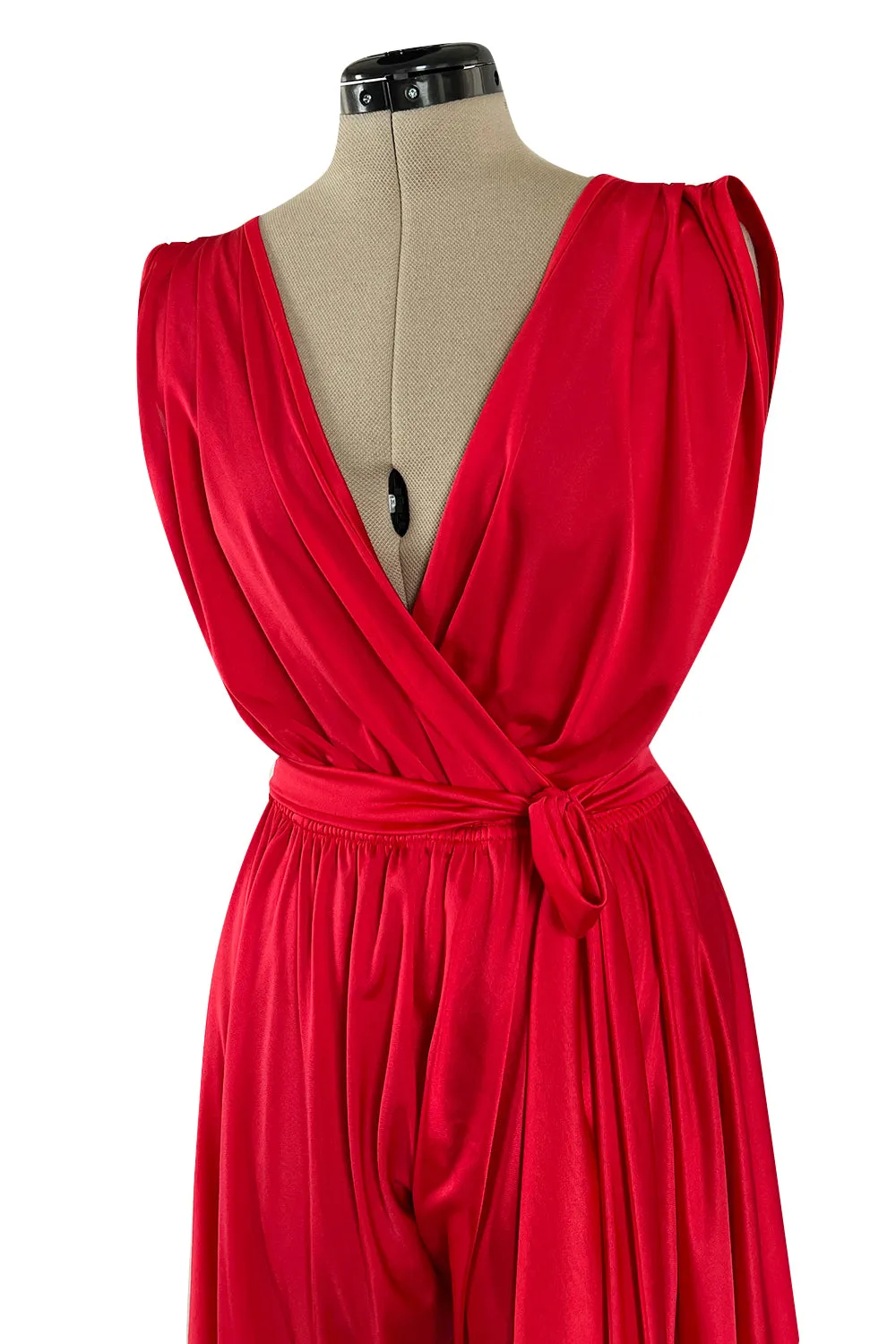 1980s Cattani Plunge Frint and Back Red Jersey Jumpsuit w Draped Legs