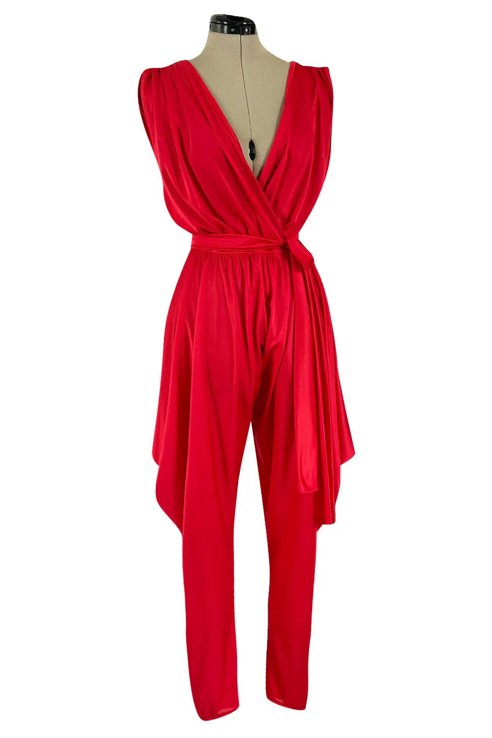 1980s Cattani Plunge Frint and Back Red Jersey Jumpsuit w Draped Legs