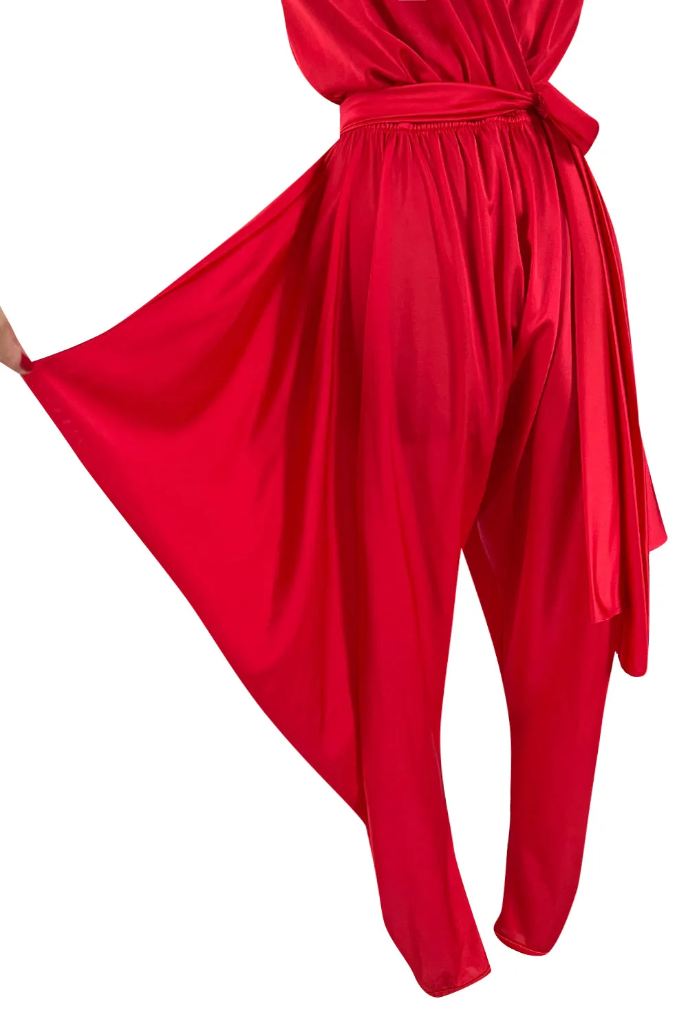 1980s Cattani Plunge Frint and Back Red Jersey Jumpsuit w Draped Legs