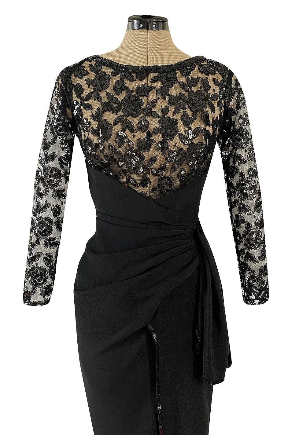 1980s Loris Azzaro Couture Black Silk & Net Sequin Floral Bodice Dress w Swag Hip Detail