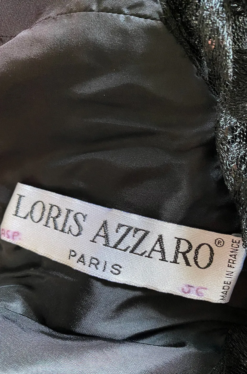 1980s Loris Azzaro Couture Black Silk & Net Sequin Floral Bodice Dress w Swag Hip Detail