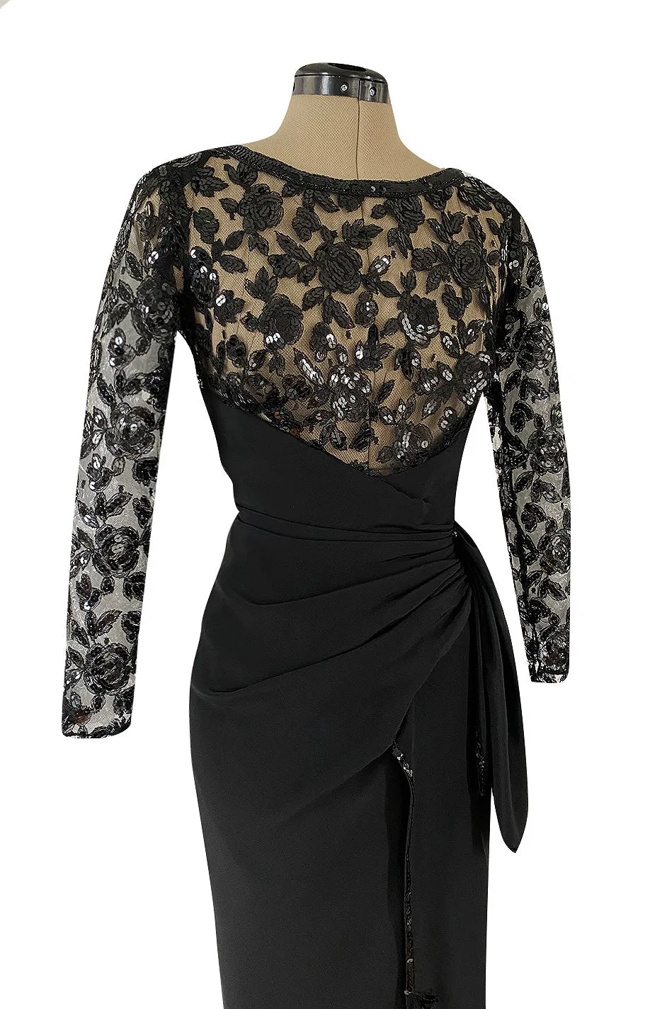 1980s Loris Azzaro Couture Black Silk & Net Sequin Floral Bodice Dress w Swag Hip Detail